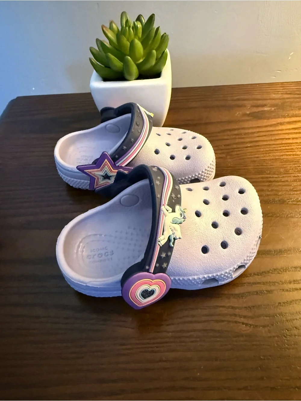 CROCS Kids Classic Clog in Lavender with Navy Strap and Unicorn Charm